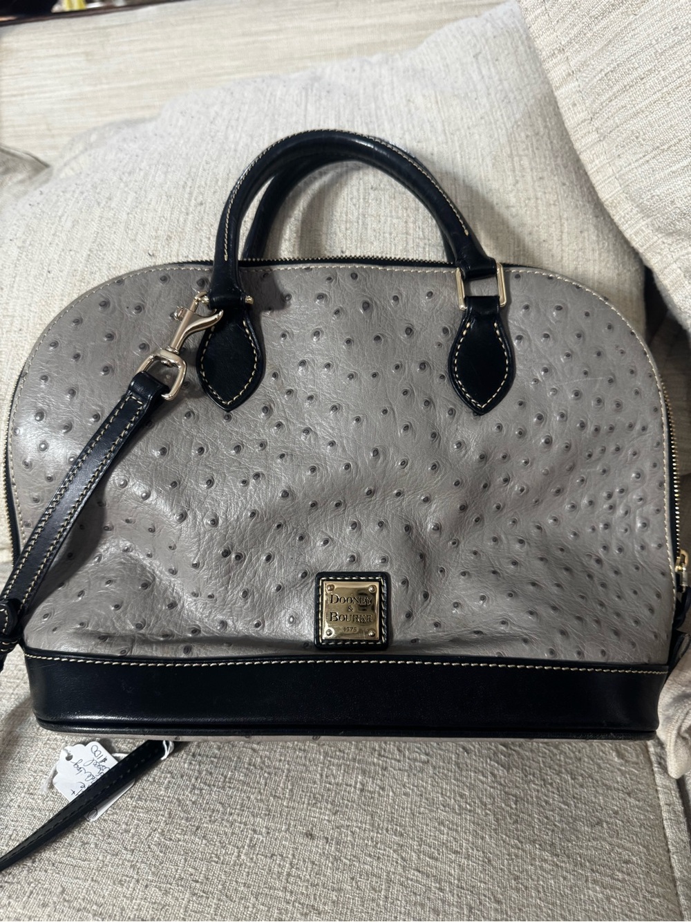 Dooney & Bourke Gray Ostrich-Embossed Satchel with Black Trim